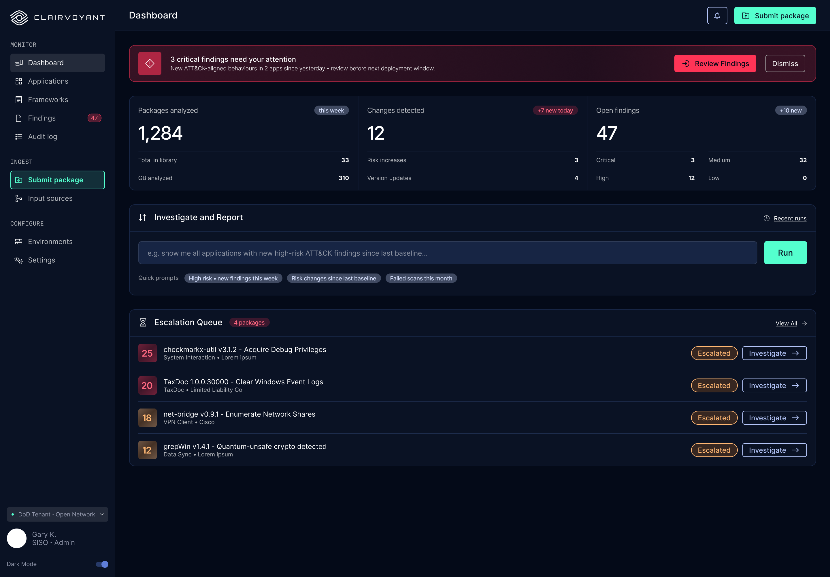 The Clairvoyant dashboard: packages analyzed, changes detected and open findings, with an escalation queue below.